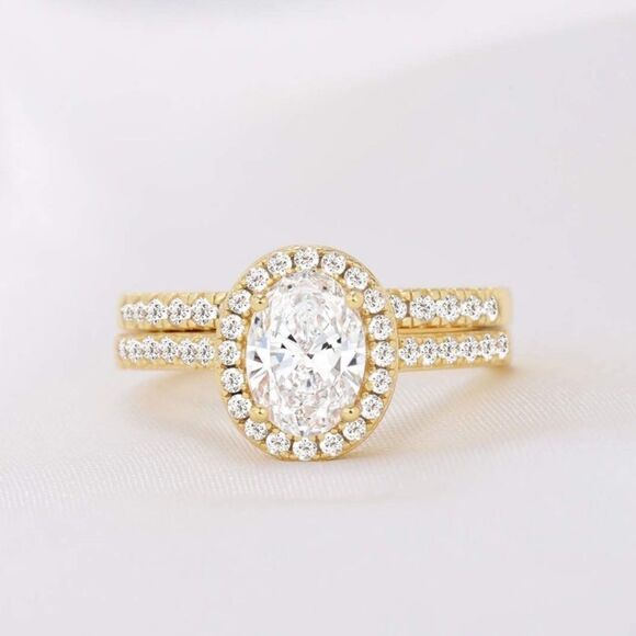 18K Yellow Gold .925 Sterling Silver and Diamond Cubic Zirconia Wedding Band Set - Picture 2 of 7